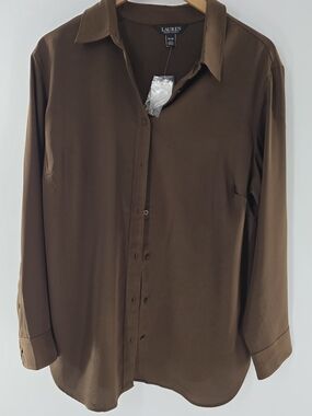 Lauren Ralph Lauren Brown Long-Sleeve Button-Up Shirt Womens Plus Size 1X